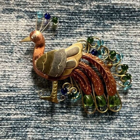Handmade Mixed Metal Blue Green Beaded Peacock Brooch - Picture 1 of 4